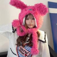 Fluffy Fuchsia Ears Warm Hat Cap - Thumbnail 2