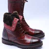 Crafted Leather Classic Handmade Burgundy Brown Leather Ankle High Lace up Dress Boot - Thumbnail 2