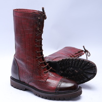 Crafted Leather Classic Handmade Burgundy Brown Leather Ankle High Lace up Dress Boot - Thumbnail 3