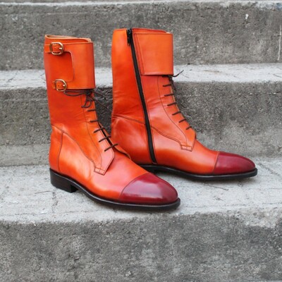 Crafted leather classic tan brown leather double buckle strap ankle high mens fashion boot handmade - Thumbnail 5