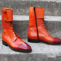 Crafted Leather Classic Tan Brown Leather Double Buckle Strap Ankle High Mens Fashion Boot Handmade - Thumbnail 1