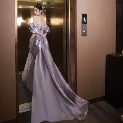 Elegant purple mother of the bride / groom dresses pearls beaded big satin bow mermaid prom dress off the shouder long wedding guest dress w