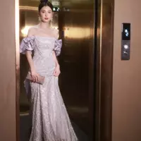 Elegant purple Mother Of The Bride / Groom Dresses pearls beaded big satin bow mermaid prom dress Off The Shouder Long Wedding Guest Dress W - Thumbnail 1