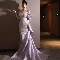 Elegant purple Mother Of The Bride / Groom Dresses pearls beaded big satin bow mermaid prom dress Off The Shouder Long Wedding Guest Dress W - Thumbnail 2