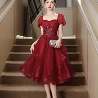 Burgundy Tulle Lace Kenn Length Prom Party Dress - Thumbnail 1