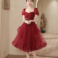 Burgundy Tulle Lace Kenn Length Prom Party Dress - Thumbnail 2