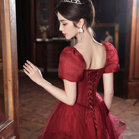 Burgundy Tulle Lace Kenn Length Prom Party Dress - Thumbnail 3
