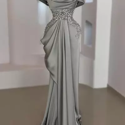 Mother of the bride dresses a line sier grey cap sleeves satin beaded stones ruffes formal godmother evening wedding party guests gown