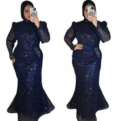 Dark navy plus size of the bride mermaid high neck long sleeves sequined lace mother dresses groom gowns 