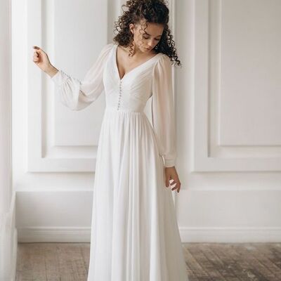 Simple  beach long sleeve wedding dress bridal gowns - Thumbnail 2
