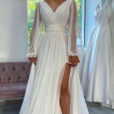 Simple beach long sleeve sequins side slit wedding dress bridal gowns - Thumbnail 1