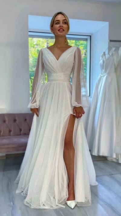 Simple Beach Long Sleeve Sequins Side Slit Wedding Dress Bridal Gowns