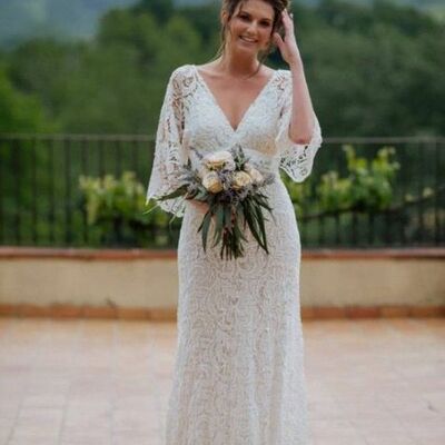 Simple beach cap sleeve lace boho wedding dress bridal gowns - Thumbnail 1