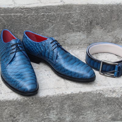 Crafted leather classic blue python leather lace up oxford dress shoes with matching belt - Thumbnail 5