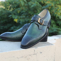 Crafted Leather Handmade Men Green Leather Oxford Formal Monk Strap Dress Shoes - Thumbnail 1