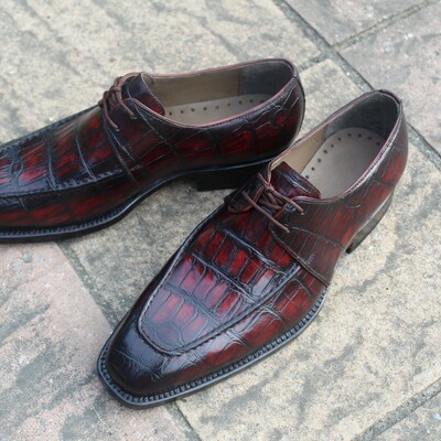 Crafted leather oxford in burgundy patina crocodile/alligator lace up dress shoes - Thumbnail 4