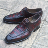 Crafted Leather Oxford in Burgundy Patina Crocodile/Alligator Lace up Dress Shoes - Thumbnail 1
