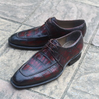 Crafted Leather Oxford in Burgundy Patina Crocodile/Alligator Lace up Dress Shoes - Thumbnail 4