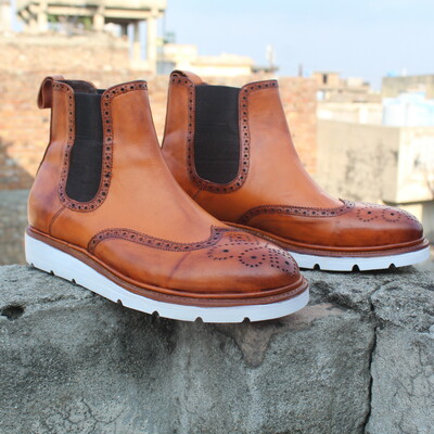 Crafted leather oxford dress shoes classic men tan leather chelsea wingtip boot - Thumbnail 4