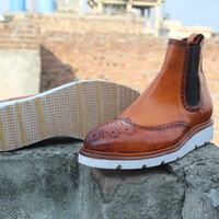 Crafted Leather Oxford Dress Shoes Classic Men Tan Leather Chelsea Wingtip Boot - Thumbnail 3