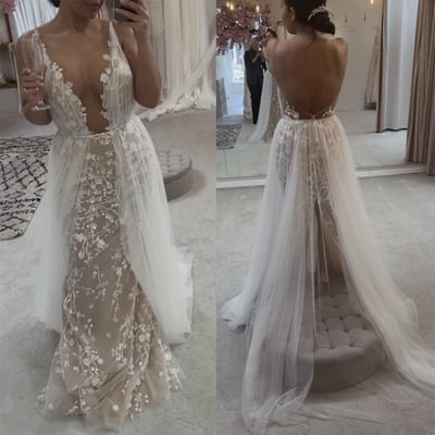 Deep v neck wedding dresses bridal gown with appliques lace - Thumbnail 1