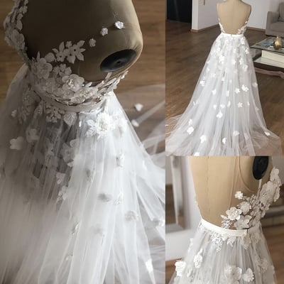 V neck wedding dresses bridal gown with 3d flowers - Thumbnail 2