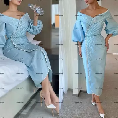 Dubai sky blue midi arabic mother of the bride /groom dresses long sleeve luxury beaded tea length mother formal occasion dress wear