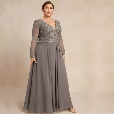 Plus size mother of the bride/ groom dresses chiffon long sleeve formal gown appliques ribbon belt wedding guest