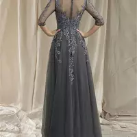 Elegant Long Mother Of The Bride /Groom Dresses V-Neck A Line  Wedding Guest Party Dress Lace Appliques Half Sleeves Gray Prom Evening Gown For Women - Thumbnail 1
