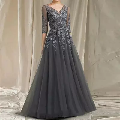 Elegant Long Mother Of The Bride /Groom Dresses V-Neck A Line  Wedding Guest Party Dress Lace Appliques Half Sleeves Gray Prom Evening Gown For Women