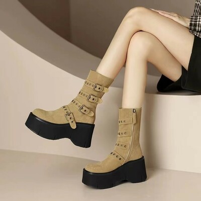 Buckle faux leather mid boots 