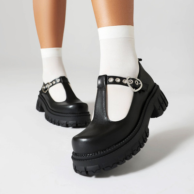 Black t-strap platform leather mary jane shoes