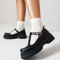 Black T-strap Platform Leather Mary Jane Shoes - Thumbnail 2