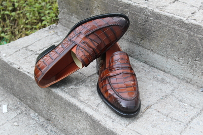 Crafted Leather Men's Classic Brown Crocodile/Alligator Leather Loafers Moccasins Formal Shoes