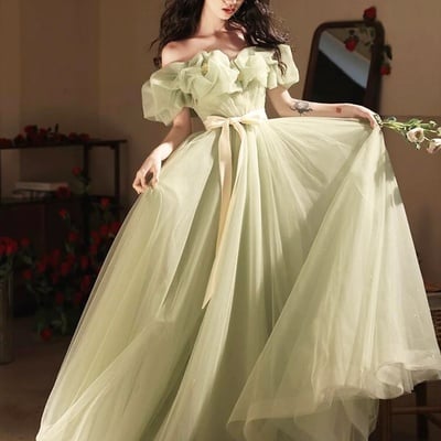 Green tulle floor length prom dress, off the shoulder evening party dress - Thumbnail 2
