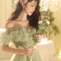 Green Tulle Floor Length Prom Dress, Off the Shoulder Evening Party Dress - Thumbnail 1