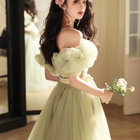 Green Tulle Floor Length Prom Dress, Off the Shoulder Evening Party Dress - Thumbnail 4