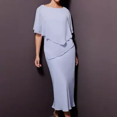 Sheath tea length mother of the bride / groom dresses lavender beaded chiffon half sleeve zipper beaded plus size wedding guest dress