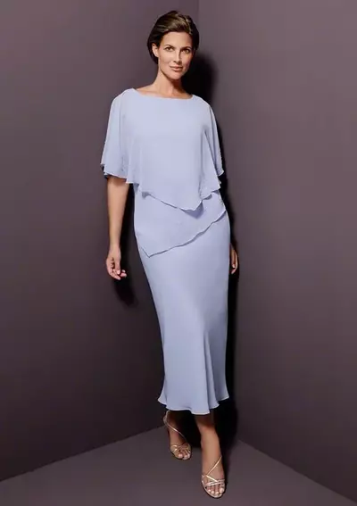 Sheath Tea Length Mother Of The Bride / Groom Dresses Lavender Beaded Chiffon Half Sleeve Zipper Beaded Plus Size Wedding Guest Dress