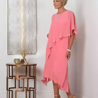 Tea length mother bride/ groom dresses sleeves cascading ruffles jewel neck a line plus mothers dress