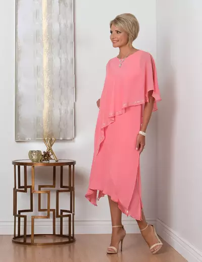 Tea Length Mother Bride/ Groom Dresses Sleeves Cascading Ruffles Jewel Neck A Line Plus Mothers Dress