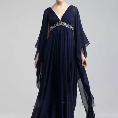 Navy blue chiffon formal mother of bride/groom dresses v neck high waist beaded floor length plus size prom party gowns