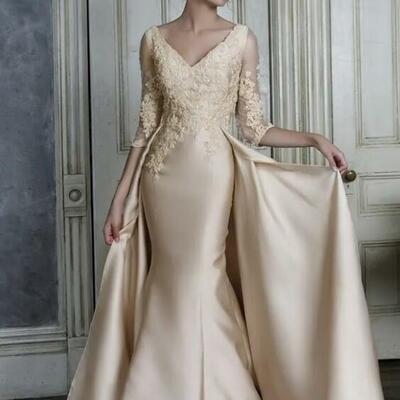 Mermaid mother of the bride / groom dresses with overskirt v neck lace applique satin evening gowns 3/4 sleeve sweep train formal party gowns