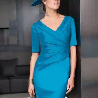  mother of the bride/groom dress v neck short sleeve ruched wedding guest dresss knee length evening gown