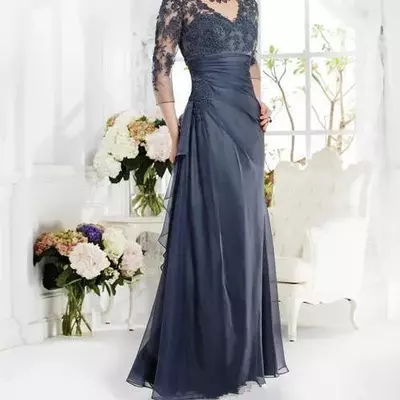 Vintage navy blue mother of the bride groom/groom dress 3/4 sleeves appliques lace v neck long custom made evening party prom gowns