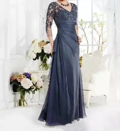Vintage Navy Blue Mother Of The Bride Groom/Groom Dress 3/4 Sleeves Appliques Lace V Neck Long Custom Made Evening Party Prom Gowns