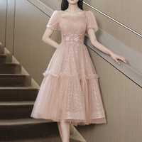 Pink Tulle Knee Length Party Dress, Lovely A-Line Evening Dress - Thumbnail 1
