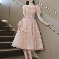 Pink Tulle Knee Length Party Dress, Lovely A-Line Evening Dress - Thumbnail 3