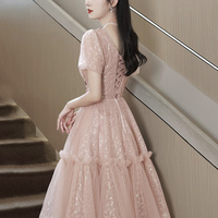 Pink Tulle Knee Length Party Dress, Lovely A-Line Evening Dress - Thumbnail 4