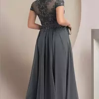 Dark Grey Vintage Mother of the Bride/ Groom Dresses Sheer Neck Appliques Cap Sleeve A Line Plus Size Evening Prom Gowns Custom Made - Thumbnail 2
